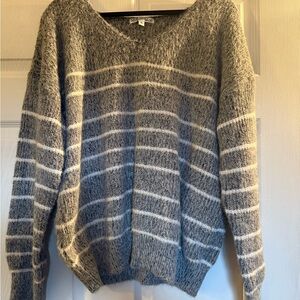 Michelle Mae Gray and White V-Neck Sweater